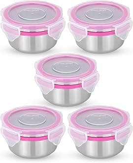 STEELLOCK Stainless Steel Airtight Container with Lid | Leakproof, BPA-Free | Multipurpose Food Storage Containers/Tiffin/Dabba for Office, School & Kitchen | SL-1101-set of 5, 150ml each, Pink