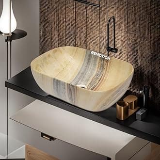 REMOTION Wooden Style Designer Wash Basin Countertop | Tabletop Ceramic Bathroom Sink | Wash Basin For Bathroom (18 x 13 x 5.5 Inch, Wodeen Style Designer Basin 10)
