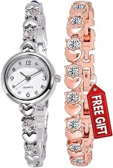 Silver Heart Shape Round dial White Diamond with Rosegold Bracelet Super Quality Watch for Girls and Watch for Women Pack of - 2 Gift for Special FASTIVAL Offer
