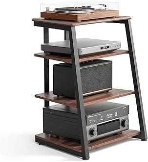 FITUEYES Design 4-Tier AV Media Stand Corner Shelf for Record Player Wooden Stereo Cabinet Audio Rack Tower with Height Adjustable Wooden Shelves for ps4 (Walnut)