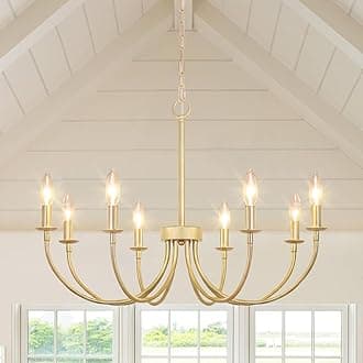 8-Light Gold Chandeliers for Dining Room, Farmhouse Dining Room Light Fixtures, Rustic Candle Chandelier Light Fixtures for Living Room, Kitchen, Staircase, Entryway, Foyer