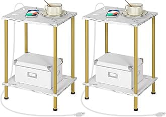 HOOBRO Side Table with Charging Station, Set of 2 End Tables with USB Port and Outlet, Nightstand with 2-Layer Storage Shelves for Small Spaces, Living Room, Bedroom, Gold and Marble DM09UBZP201