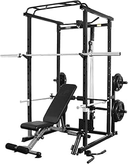 RitFit Squat Rack Power Cage Home Gym Package, Includes 1000LBS Power Rack with LAT Pull Down, Weight Bench, Rubber/Bumper Plates Set with Olympic Barbell (Package 1.5K (Rubber Plate 230LBS))-Black