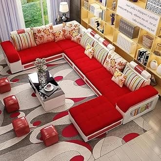 Poppins HOME Modern 6 Seater U Shaped Velvet Sectional Sofa for Classic Living Rooms Luxury Design Modular Fabric Set (CHerry Red)