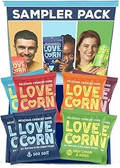 LOVE CORN Sampler Variety Pack 0.7oz x 8 Bags [2x Sea Salt, 2x Sour Cream and Onion, 1 Each of Cheddar, BBQ, Salt & Vinegar and Hot & Spicy] - Delicious Crunchy Corn - Healthy Family Snacks - Gluten Free, Kosher, NON-GMO