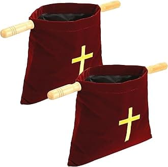 SANDOO Offering Velvet Bags for Church with Wooden Handles Set of 2 - Cross Pattern Offering Baskets for Church,Collection Basket Pouch for Churches Communion Supplies,17.3"x10"