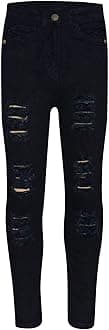 Girls Ripped Jeans Comfort Skinny Stretch Lightweight - Girls Jeans JN28 Jet Black 9-10