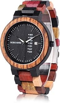 Wood Watches Colorful Wood WristWatches Week & Date Display Multifunction Handmade Quartz Watch Sport Chronograph Unique Wristwatch for Men Women