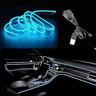 El Wire Ice Blue Interior Car LED Strip Lights, 2M Neon Wire USB 5V with Fuse Protection for Automotive Interior Decoration, with 6mm Sewing Edge
