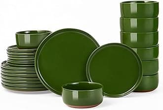 GZG Modern Art Series - 24 Pcs Speckled Stoneware Plates and Bowls Sets, Ceramic Dinnerware Set with Rustic Terracotta Underside, Microwave and Dishwasher Safe Handcrafted Dishes Set - Verdant Green