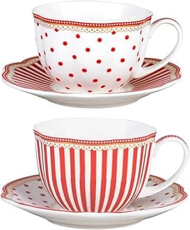 Red Dot Stripes Scallop 9-Ounce Porcelain Tea/Coffee Cup and Saucer, Set of 2