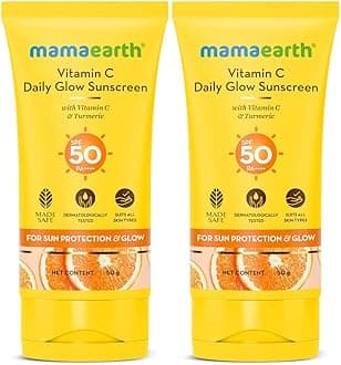 Mamaearth Vitamin C Daily Glow Sunscreen with Vitamin C & Turmeric | For Sun Protection, Tan Protection & Glow | SPF 50 & PA++++ Protection | No White Cast | Lightweight & Non-Sticky | Brightens Skin | In-Vivo Tested | For All Skin Types | 50 g x 2