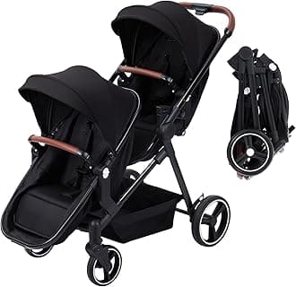 Double Stroller for Infants and Toddlers, Foldable Tandem Stroller, Reversible Pushchair Bassinet Pram with Large Storage Basket, Adjustable Backrest & Canopy, Black