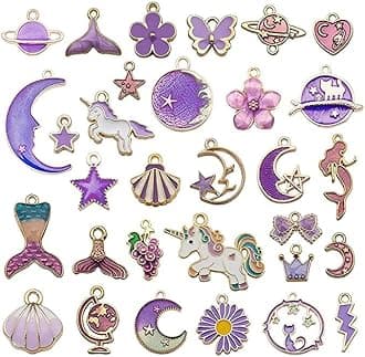Street27® 1 Set 31pcs DIY Mixed Assorted Gold Plated Enamel Charm Unicorn Flower Dress Fish Shell Moon Star Animals Pendant DIY for Necklace Bracelet Jewelry Making and Crafting Charms