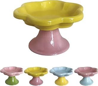 Ceramic Elevated Cat Bowls Flower Dish,Small Raised Dish.Flower Ceramic Raised Bowls for Cats and Small Dogs reducing pet’s Neck Bending and Pressure （Yellow Pink）