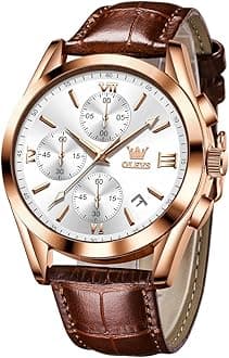 OLEVS Watches for Men Brown Leather Gold Case Analog Quartz Fashion Business Dress Watch Day Date Luminous Waterproof Casual Male Wrist Watches