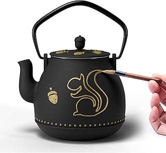 Teapot with Removable Infuser, Cast Iron Tea Kettle Stovetop Safe, Squirrel Design Tea Pot Coated with Enameled Interior for 32 Ounce (950 ml), Black