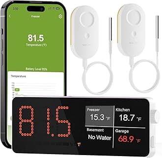 MOCREO WiFi Freezer Thermometer Alarm with Digital Monitor Hub, App and Email Alerts, 2-Year Data Export, No Subscription Fee, 2 Remote Temperature Sensors for Home Refrigerator, Fridge, Freezer