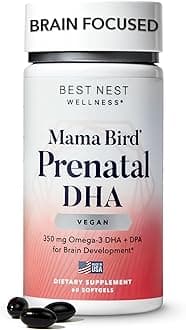 Mama Bird Vegan Prenan Prenatal DHA Vitamin, Algae Omega 3 Supplements, Supports Baby's Brain & Eyes, Easy to Swallow Softgels, Includes Bonus Healthy Pregnancy & Lactation Secrets, 60 Ct
