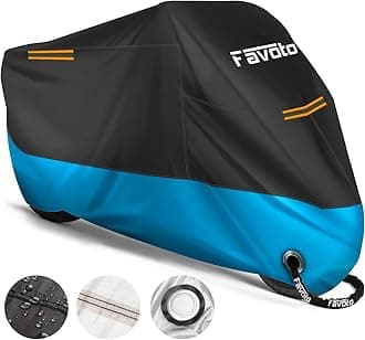 FavotoUpgraded Version Motorbike Cover 210D Waterproof Motorcycle Cover Dustproof Heat-Resistant Outdoor Protection 116 x 41 x 50 inch with 2 Windproof Buckles Reflective Strip