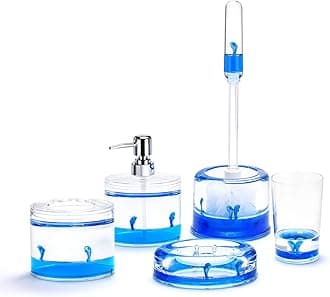 Locco Decor 5 Piece Acrylic Liquid 3D Floating Motion Bathroom Vanity Accessory Set Ocean Cartoon Animal Theme Dolphin Toothbrush Holder, Tumbler, Soap Dispenser, Soap Dish, Toiletbrush Holder Set