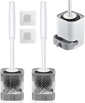 Clyton Pack of 2 Silicone Toilet Brush with Holder Stand, Bathroom Toilets Bowl Cleaning Brush with Non-Slip Long Handle Floor Standing Holder & Wall Mounted Without Drilling Quick Drying Holder Set