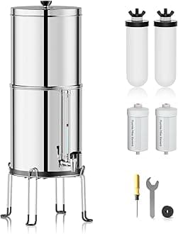 Purewell8-Stage Gravity Fed Water Filter System, 2.25 Gallon Stainless Steel Countertop System with 4 Filters, Metal Water Level Spigot and Stand, Reduce Fluoride and Chlorine, PW-OBT-CF