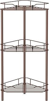 3 Tier Floor Standing Corner Shower Caddy Organizer Shelf with Hooks, Bathroom Shelves Stand Rack, Coffee