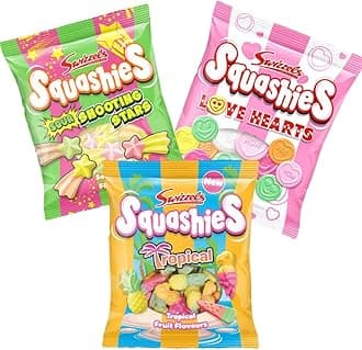 Squashie DrumStick Candies Variety Multipack - 3 Pack BUNDLE - IMPORTED FROM THE UK (TROPICAL, SHOOTING STARS AND LOVE HEARTS (3PACK))