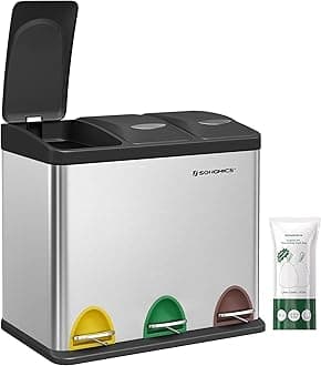 SONGMICS Kitchen Bin 3 x 8 Litre Metal Waste Bin 3 in 1 Pedal Bin Rubbish Separation Waste System 15 Bags Easy Clean Steel Silver LTB24L