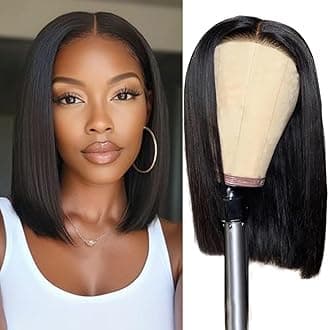 Glueless Wigs Human Hair Pre Plucked Pre Cut Wear and Go Straight Bob Wig 4x4 Lace Closure Wig 180% Density Human Hair Bob Wig for Black Women Natural Color (Glueless Wig, 16inch)