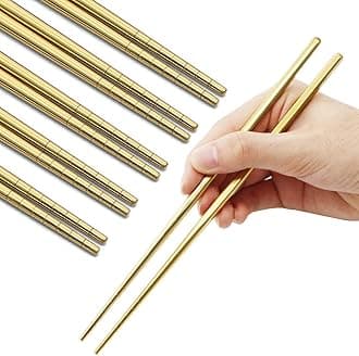 Stainless Steel Chopsticks Reusable Multicolor Lightweight 304 Metal Chopsticks Dishwasher Safe - 5 Pairs (Gold)