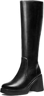Black Knee High Boots for Women - Platform Tall Boots Square Toe Chunky Block Heeled Gogo Boots B 7.5
