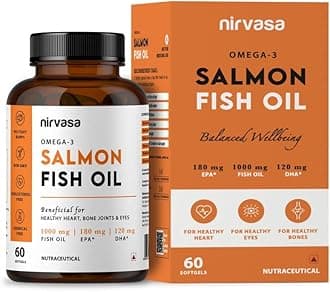 Nirvasa Omega-3 Salmon Fish Oil Capsules (1000mg, 60 Softgels) | High-Potency 180mg EPA & 120mg DHA | Supports Heart, Brain, Eye & Bone Health | No Fishy Burps | For Men & Women – Pack of 1