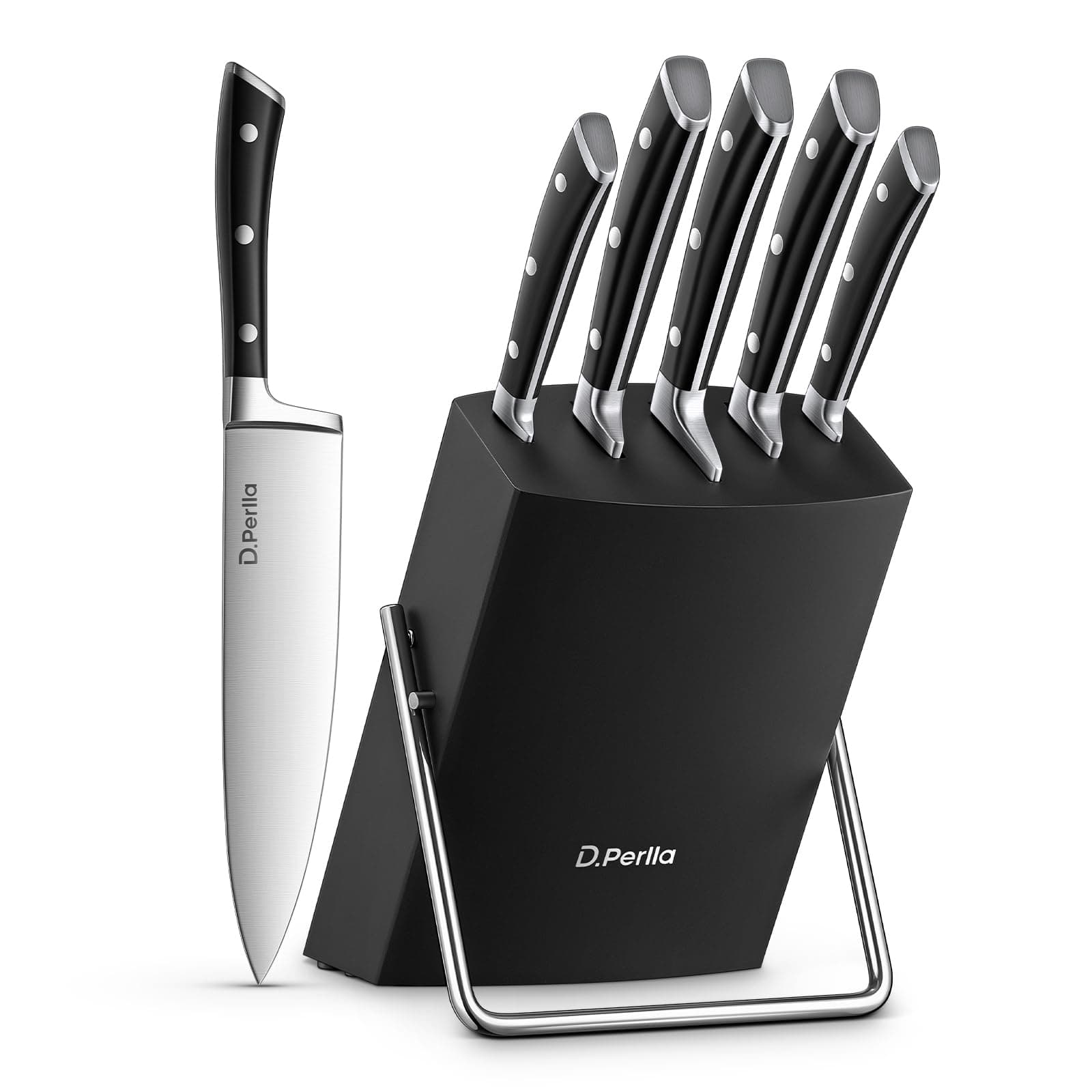 Knife Set, 6-Piece Kitchen Knife Sets, Knife Block Set with High Carbon German Stainless Steel, Sharp Knife Set with Stylish Acacia Wood Block, Black