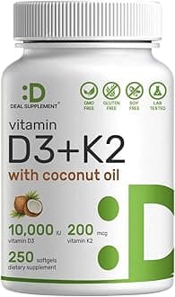 DEAL SUPPLEMENT Vitamin D3 10,000 IU + K2 MK7 200 mcg, Infused with Virgin Coconut Oil, 250 Softgels, Double Strength Vitamin D & K, Promotes Heart, Bone & Teeth Health - Very Easy to Swallow