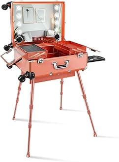 FAHKNS 24" Aluminum Trolley Makeup Train Case 8 LED Light, Make Mirror with Lights Rolling Case, Rolling Makeup Case with Legs, Vanity Suitcase with Lights