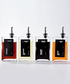 APT 1101 Olive Oil Dispenser Set - 4 Glass Bottles, 100ml Each - Black, Drip-Free Spout, Dishwasher Safe (except spout), Olive Oil, Vinegar, Soy Sauce, Coffee Syrup Dispenser