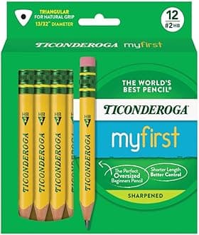 Ticonderoga My First Triangular Short Pencils with Wooden Case, 2 Soft HB, with Erasers, Yellow (Pack of 12)