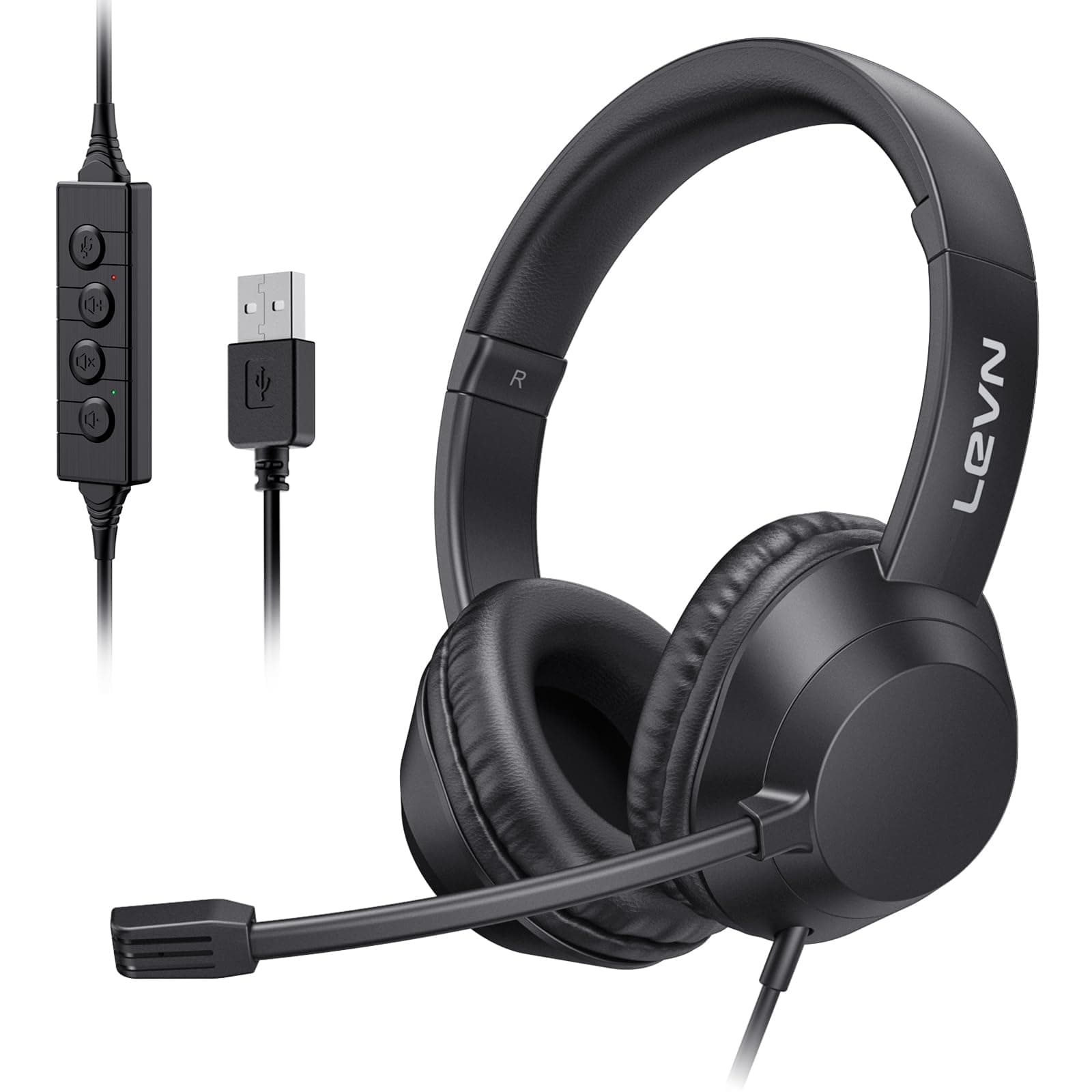 Headset with Mic, USB Headset with Microphone, Computer Headset with Noise Cancelling Microphone for Laptop PC, Mute in-line Controls, Wired Headset for Work from Home/Open Office/Call Center