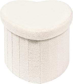 Bonlife White Boucle Ottoman with Storage,Foldable Footstool for living room,Toy Chest,Storage Seat Teddy Heart Shape Footrest,38X38X32cm