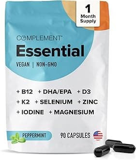 Complement Essential Vegan Multivitamin for Men & Women (30 Servings, 90 Capsules) with Omega-3 DHA & EPA, B12, Vitamin D3 & K2, Zinc, Selenium, Magnesium, Iodine - Supports Immunity & Overall Health