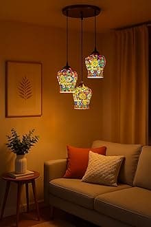 TRIPPING Multicolour Mosaic Glass 3-Light Chandelier Pendant Lamp: Antique Decorative Ceiling Hanging with E27 Holder and 9Watt Bulbs Traditional Handcrafted Look for Living Room or Dining Area
