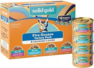 Solid Gold Wet Cat Food Variety Pack Shreds in Gravy - Healthy Canned Cat Food Made w/Real Tuna & Fish Protein & Vitamins - Grain Free & Gluten Free Canned Meals for Cats & Kittens - 12ct/3oz Can