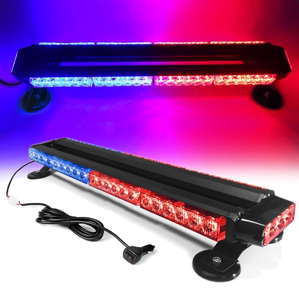 26" 54 LED 7 Flash Mode Traffic Advisor Double Side Emergency Warning Security Vehicle Roof Top Strobe Light Bar with Magnetic Base for Undercover or Tow Truck Construction (Red/Blue)