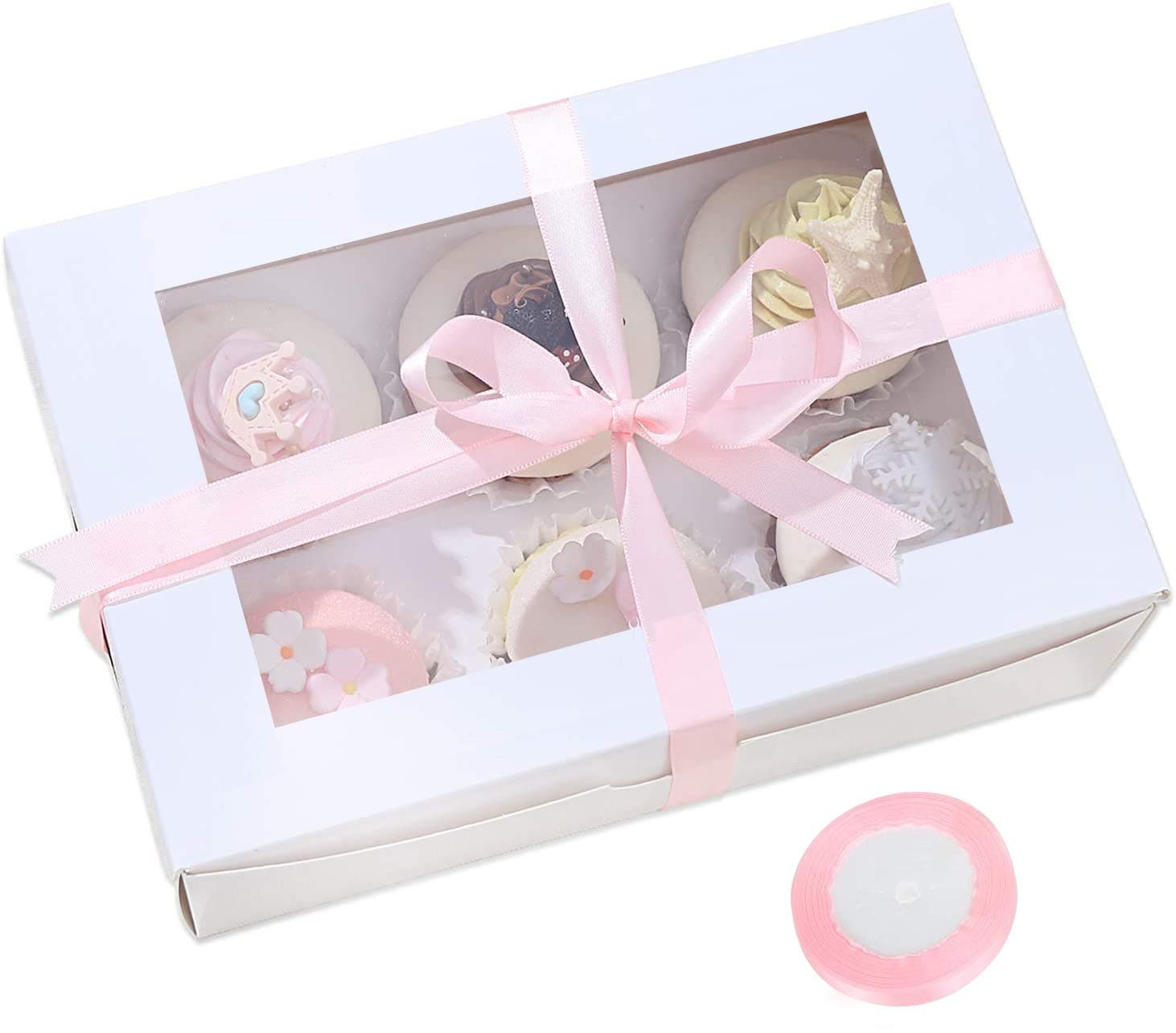 12 Pack Cupcake Boxes with Inserts and Window Hold 6 Standard Cupcakes White Cake Boxes Cupcake Holder Carrier Comes with Random Color Ribbon Roll for Pastries, Cupcakes and Cookies, 9.4X 6.3X 3 inch…