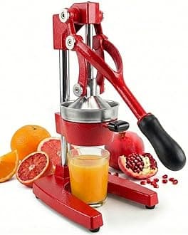 Cast Iron Citrus Juicer | Extra-Large Commercial Grade Manual Hand Press | Heavy Duty Countertop Squeezer for Fresh Orange Juice (Bonus Stainless Steel Cup) (Red)