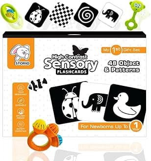 Storio New Born Gift Set Black and White Flash Cards for Babies & Infants with Super Cute Rattles Set of 3 | High Contrast | Visual Stimulation & Sensory Development for 0 to 12 Months, 48 Pictures