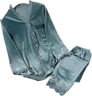 Velvet Pajamas Women Autumn Winter Sleepwear Long Sleeve Casual Nightwear Pyjamas Suit Loose Home Clothes Lace Trim Sleep Set, L