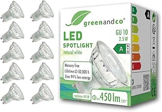 greenandco 10 x LED spotlights, GU10, 2.5 W, 450 lm, 4000 K, neutral white, 100°, 230 V, flicker-free, energy efficiency class A, not dimmable